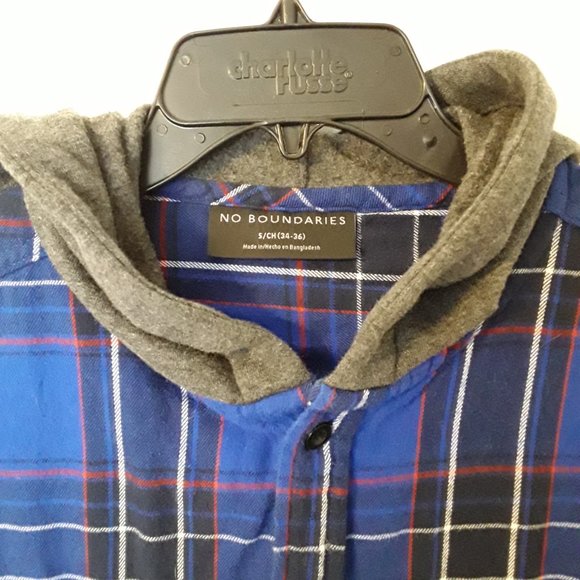No Boundaries, hooded long sleeve flannel, size A4/S 34/36 blue w/black and whit - Picture 3 of 8